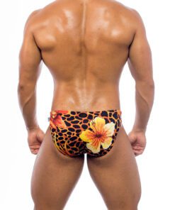 Men's swimwear, briefs style, worn by a man, back view, sauvage pattern