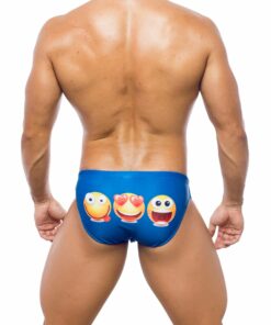Photo of men's swimsuit, briefs model, rear view. Briefs with blue pattern with three emoticons, one with the tongue hanging out, one smiling, one with heart eyes
