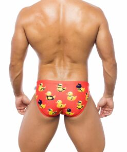 Photo of men's swimsuit, briefs model, back view. Red costume with yellow duck drawings with erotic accessories