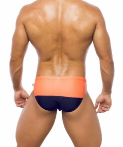 Photo of men's swimsuit, briefs model, rear view. Briefs with two vertical stripes, one salmon pink and one black.