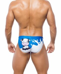 Photo of men's swimsuit, briefs model, rear view. Briefs with blue pattern with milk wave and cartoon of a cow