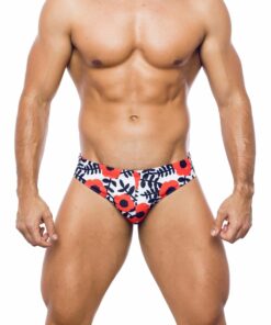 Photo of men's swimsuit, briefs model, front view. White swimsuit with all-over floral pattern with red poppies