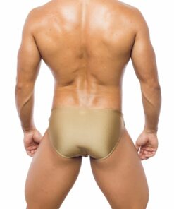 Photo of men's swimsuit, briefs model, rear view. Gold-colored fantasy briiefs with pearl effect.