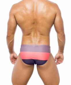 Photo of men's swimsuit, brief model, rear view. Briefs with a pattern of three horizontal bands in violet, fucsia, purple